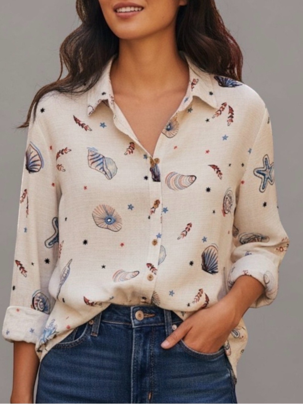 Jane + Delancey Seashell Print Button Down Blouse Rayon Linen Coastal M